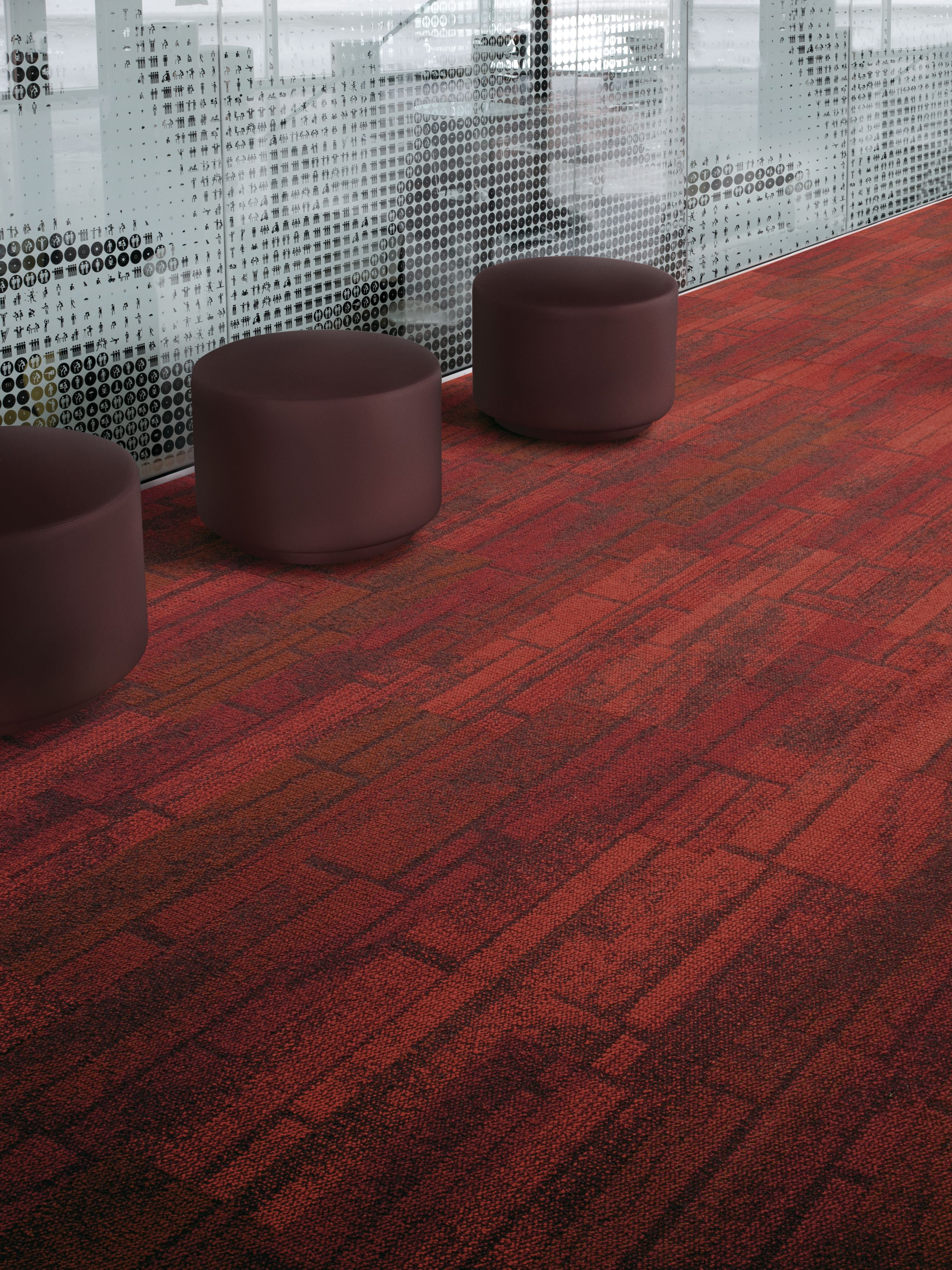 Interface Neighborhood Blocks plank carpet tile in lobby of public space with ottoman seats image number 1